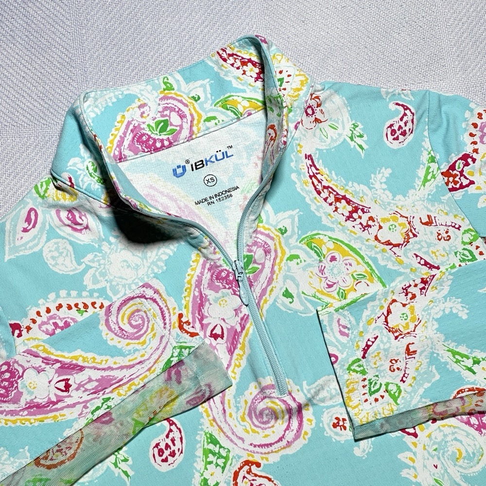 IBKUL 1/4 Zip Pullover Womens XS Paisley Print Mock Neck Golf Tennis Performance